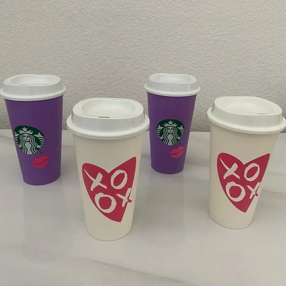 Starbucks Valentines Plastic Reusable Hot Cups With Lids 16 oz Lot Of 4 - Picture 1 of 4